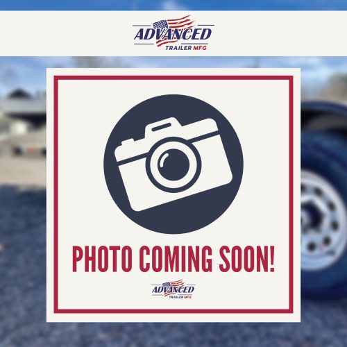 A placeholder image with a camera outline and PHOTO COMING SOON! text is shown. Below, the Advanced Trailer MFG logo is visible against a wheel and vehicle parts backdrop, emphasizing their premium 16k Heavy Duty Flatbed Trailer available in Ohio.