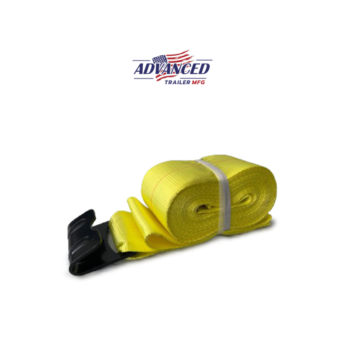 The 4X30 Winch Strap is a rolled-up yellow strap with a black hook, ideal for securing cargo on trailers. Available for sale in Ohio, it features an Advanced Trailer MFG logo with a stylized American flag on its white background.