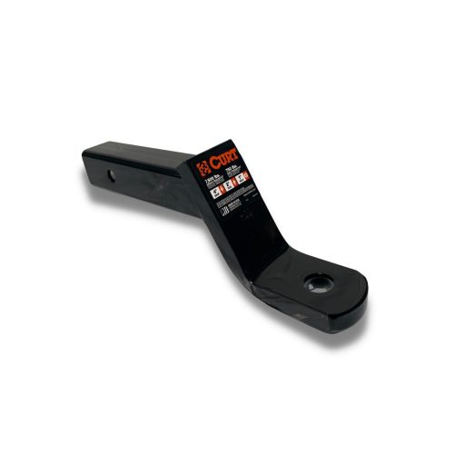 A 4 Drop/Tube Receiver, made of polished metal, is displayed on a plain white background. Labeled with specifications and branding on the shank, this CURT trailer hitch ball mount is available in Ohio.