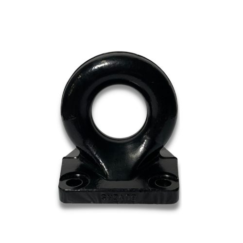 The Bolt-On Coupler/Pintle Ring, a black metal towing accessory with a circular loop, is showcased vertically against a white backdrop. Equipped with two holes for easy mounting, its an essential addition to your trailer setup in Ohio or beyond.