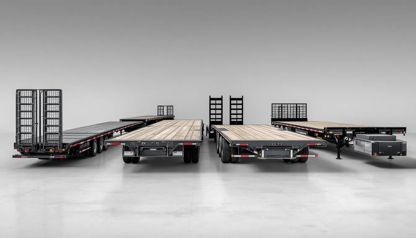 Different types of flat deck trailers lined up in a row.