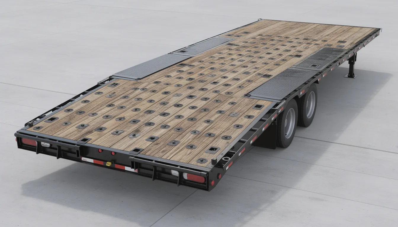 The image depicts a flatbed trailer deck featuring multiple tie-down points and stake pockets along the sides, designed for secure hauling of heavy loads. This versatile flatbed gooseneck trailer is equipped to handle various hauling tasks efficiently.